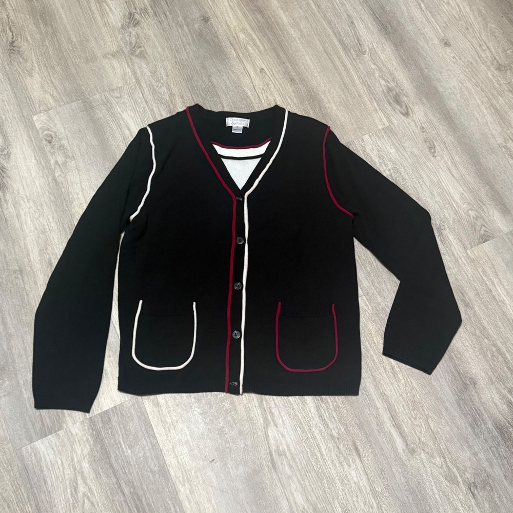 Vintage‎ 90s Christopher & Banks Black Cardigan Sweater w/ White Layered Top Med